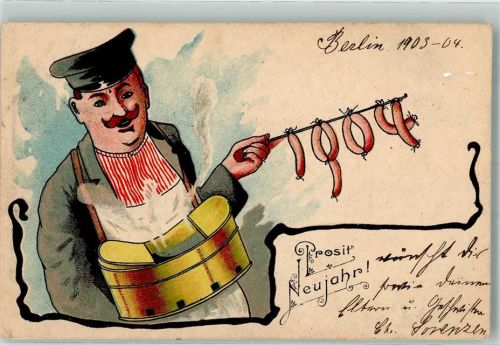 1903 Landser des Kaiserreiches mit dampfendem Kochgeschirr und heißen Würstchen Neujahr