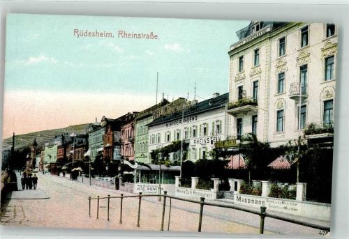 65385 W6220 Rüdesheim am Rhein 1908 - Rheinstraße mit Cafe Gasthaus Massmann und Hotel Rheinstein