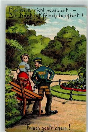 Kavallerist in Uniform setzt sich mit seiner Frau auf eine frisch gestrichene Parkbank Humor Verlag Vitus Noever 1518
