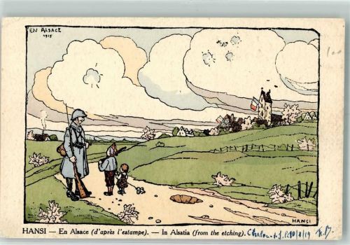 Französischer Soldat im Elsass Kinder Künstlerkarte P.J.G. 23 Hansi (Waltz) 1919 Gebrauchsspuren