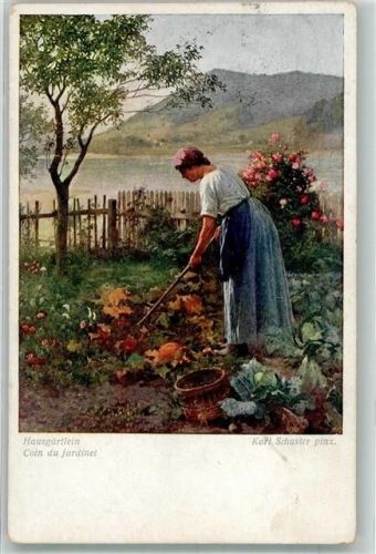 1917 sign. Schuster, Karl Junge Frau bei der Gartenarbeit Verlag Wiener Kunst B.K.W.I. Nr. 1351 Zensurstempel