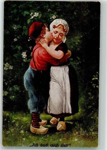 Küsse Ich hab dich lieb , Holzschuhe Tracht sign. C. Komst
