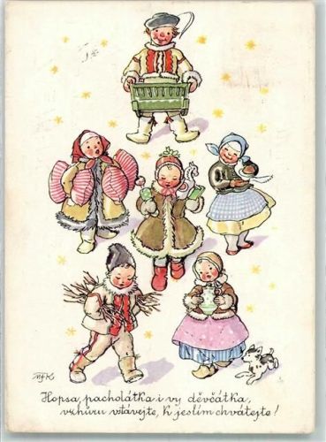 1970 sign M. Fischerova-Kvechova Kinder Spielzeug Tracht Hund Winter