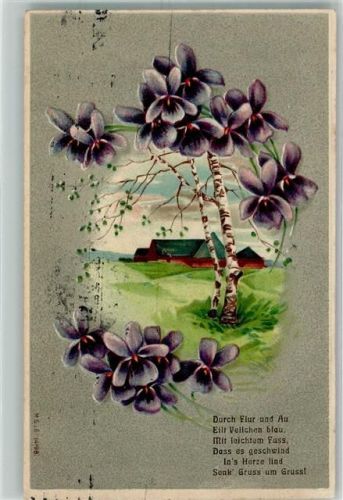1910 Veilchen umkränzen einen Bauernhof und eine Birke M.S.i.B. 14198 Maschinenstempel