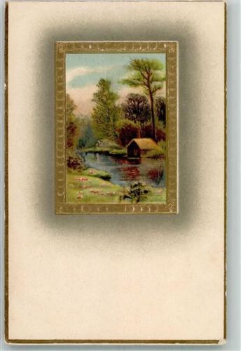 Ein kleines Haus zwischen hohen Bäumen an einem Gewässer L & K Serie No. 1676