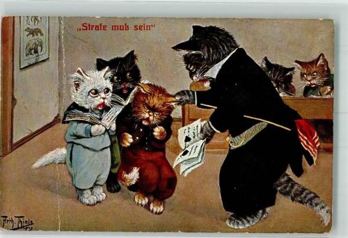 Strafe muß sein Katzenlehrer zieht Katzenkind an den Ohren Tiere vermenschlicht T.S.N. Serie 962 Künstlerkarte leichter Mittelbug