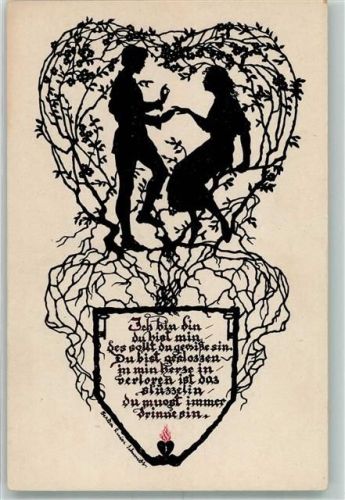 sign. Schmidt, Luise Scherenschnitt Mann steckt einer Frau einen Ring an den Finger Liebe/Poesie Serie 2323