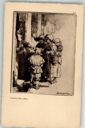 Bettler, die Almosen an die Tür eines Hauses sign. Rembrandt