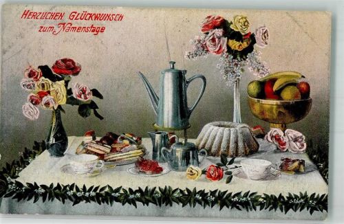Kuchen Früchte Obstschale Silberkanne Stövchen Namenstag