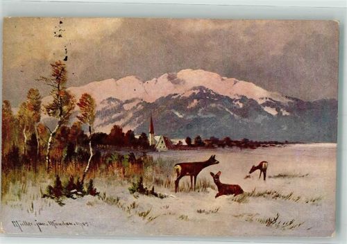 1907 Jagdtiere Rehe äsen im Winter Verlag Erika 3016