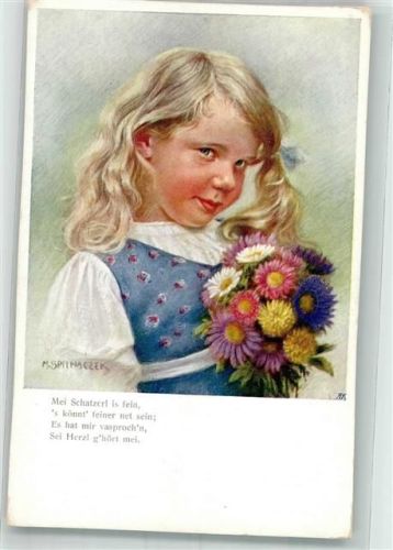 Nr. 651-2 sign. Spilhaczek Mädchen mit Blumen und Vers