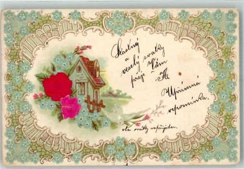 1902 mit Echtstoffaplikation Taube Vergissmeinnicht Rosen
