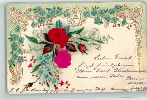 1902 mit Echtstoffaplikation Rosen Maiglöckchen Vergissmeinnicht