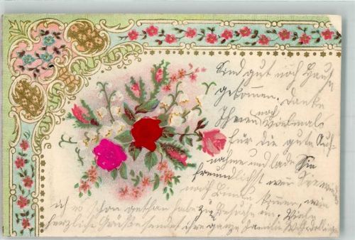 1902 mit Echtstoffaplikation Rosen Maiglöckchen Lithographie