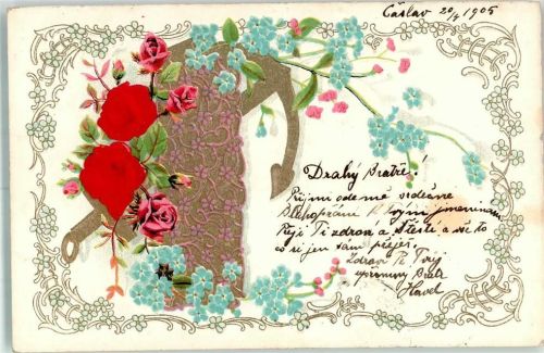1905 mit Echtstoffaplikation Vergissmeinnicht Anker Rosen