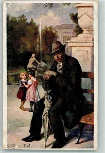 1917 sign. Zlamal Der Rekonvaleszent sitzt mit einem Regenschirm auf einer Parkbank Verlag Gustav Braun 649