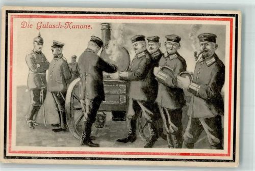 1915 Deutsche Landser stehen Pfeife rauchend an der Gulaschkanone an Schwarz-Weiß-Rot Sächsische Verlagsanstalt Nr. 636 Feldpost 24. Inf.-Div.