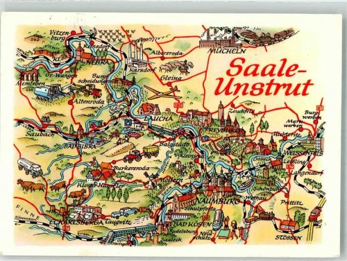 Freyburg sign. Hoppe Stilisierte Landkarte mit Sehenswürdigkeiten der Saale-Unstrut Region VEB Bild und Heimat