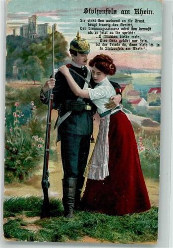 Stolzenfels 1914 Landser in Uniform mit Karabiner verabschiedet sich vor der Burg von seiner Liebsten R & K.L Serie 1899/2 Feldpost Regensburg Maschinenstempel