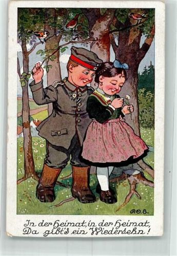 1917 sign. RO.E. Mädchen Tracht Spruch In der Heimat in der Heimat Vögel
