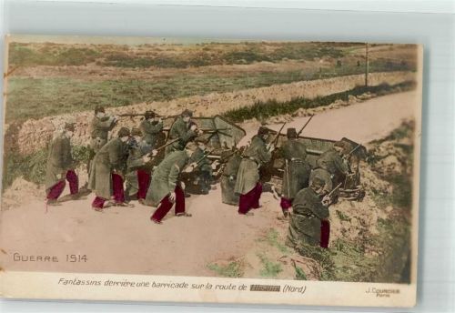 1914 Französische Soldaten verschanzen sich hinter einer Straßensperre Fotograf Courcier