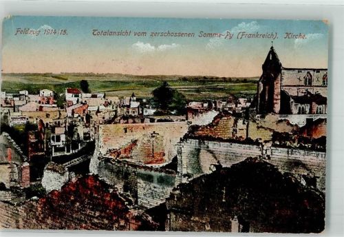 Sommepy-Tahure 1915 Die zerstörte Kirche des Ortes Fotograf Wiegand Feldpost WK I 18. Inf.-Div.
