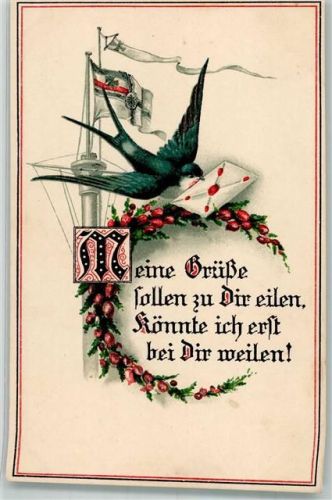Eine Schwalbe bringt einen Brief vor dem Mast eines Kriegsschiffes mit Reichskriegsflagge Tiere vermenschlicht HWB 677