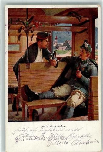 1916 sign. Prülitz, Friedrich Ein österreichischer und ein deutscher Landser in Uniform mit Pfeife im Gespräch im Abteil einer Eisenbahn Münchener Künstlerkarte No. 25 Feldpost WK I 2. Württembergische-Landwehr-Division
