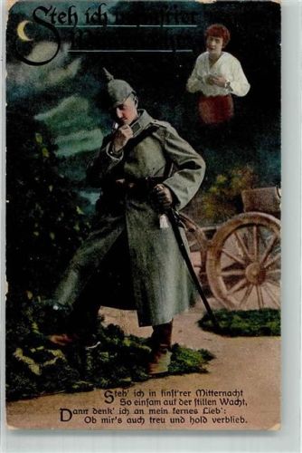 1917 Landser im Feldmantel auf nächtlicher einsamer Wache denkt an seine Liebste zuhause L & P 5777/1 Feldpost 227. Infanterie-Division