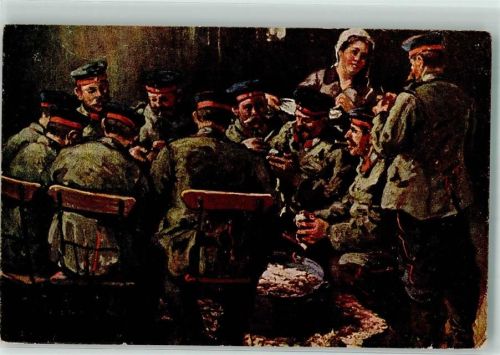 1917 sign. Döring, Adolf Deutsche Landsturmmänner beim Kartoffelschälen in Flandern WK I