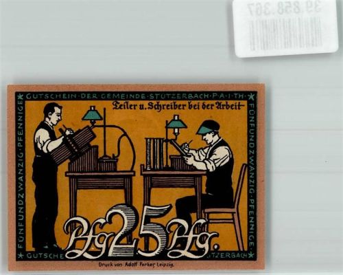 Stützerbach 1921 25 Pf. Gutschein Teiler u. Schreiber bei der Arbeit