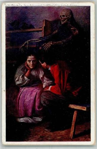 1915 Gevatter Tod steht schon hinter einer kranken Frau B.K.W.I. Nr. 976-2 Künstlerkarte Maschinenstempel