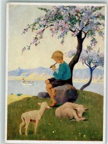 Klinge kleines Frühlingslied Kind Flöte Schafe Verlag Josef Müller Nr. 4962 Schönermark Künstlerkarte
