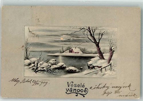 1909 Einsames Haus in kalter Winternacht an einem vereisten Gewässer Vesele vanoce