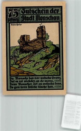 Monschau 1921 75 Pfennig Gutschein Ruine Haller