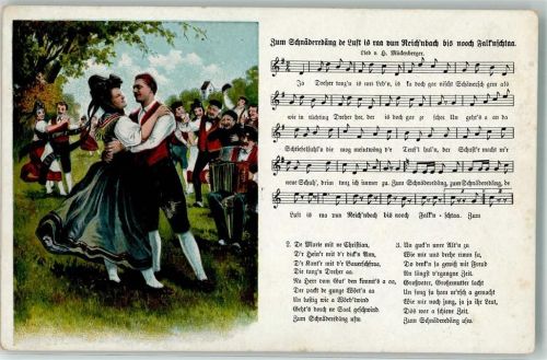 Text und Melodie des Liedes Zum Schnäderedäng de Luft is raa vun Reich'nbach bis nooch Falk'nschtaa von Mückenberger Tracht Tanzen