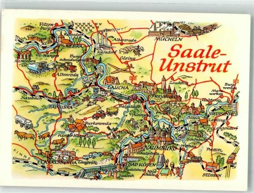Naumburg sign. Hoppe Stilisierte Landkarte mit Sehenswürdigkeiten der Saale-Unstrut Region VEB Bild und Heimat