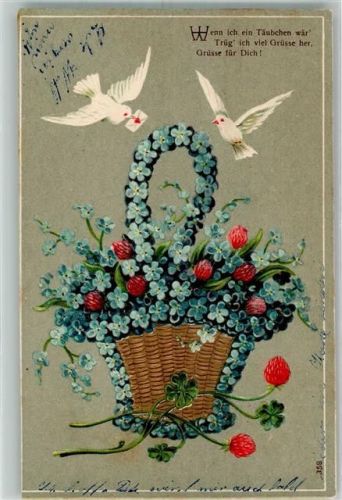 1907 Glücksklee und Brieftauben mit einem Korb voller Blumen