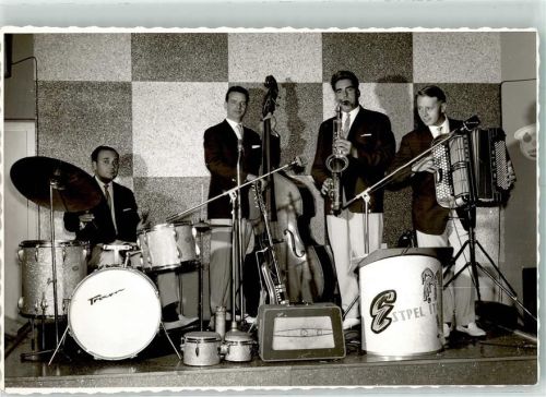 Rheinkamp Musikgruppe Saxophon Cello Akkordeon Ort handschriftlich Foto Original aus Archiv eines Ansichtskartenverlags