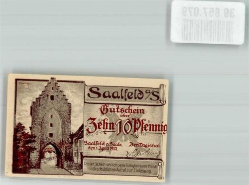 Saalfeld 1921 Gutschein über 10 Pfennig Saaltor Brücke von Kulm