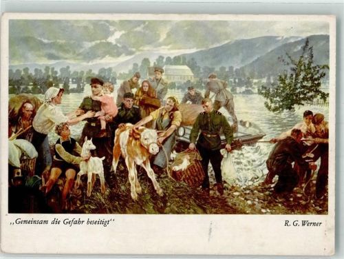sign. Werner R.G. Gemeinsam die Gefahr beseitigt Kalb Ziege Frauen Kinder Soldaten VEB Nr.36
