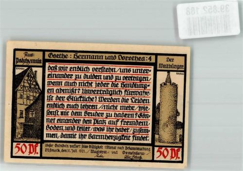 Pößneck 1921 50 Pf. Goethe Hermann u. Dorothea 5