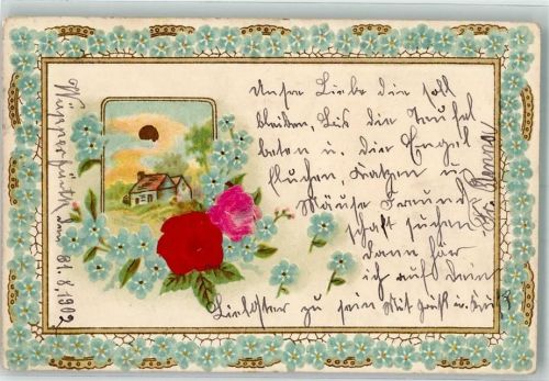 1902 mit Echtstoffaplikation Rosen Passepartout Landschaft