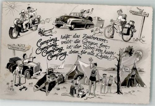 1956 Camping Karikatur Auto Kofferradio Fahrrad Ziehharmonika Zelten Auto