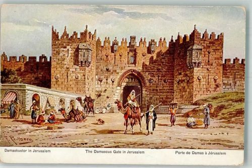 Jerusalem sign. Perlberg, f. Damaskustor Tracht Marktszene kamel