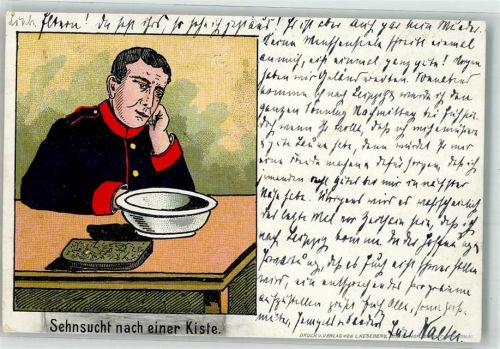 1904 Soldat des deutschen Kaiserreiches sitzt vor einem leeren Teller und träumt von Paketen aus der Heimat