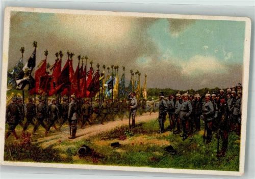 Parade mit Regimentsfahnen vor Kaiser Wilhelm II und dem Generalstab Rotophot