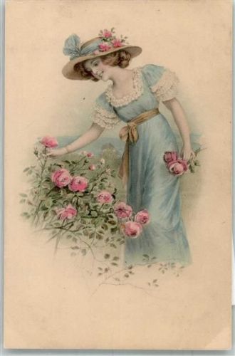 Nr. 750 Junge elegante Frau pflükt Rosen Mode Hutmode