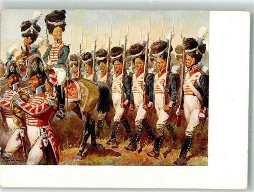 Berittene Offiziere und marschierende Grenadiere mit Bärenfellmütze