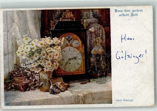 sign. Götzinger Hans Aus der guten alten Zeit Uhr Deutscher Schulverein Karte Nr. 955